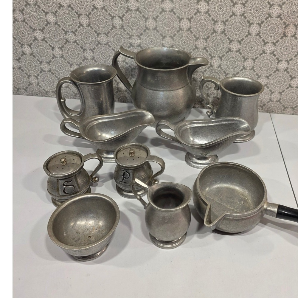 10pc- Vintage Pewter Creamer Sugar Gravy Boat Mugs Pitcher Salt & Pepper Wilton